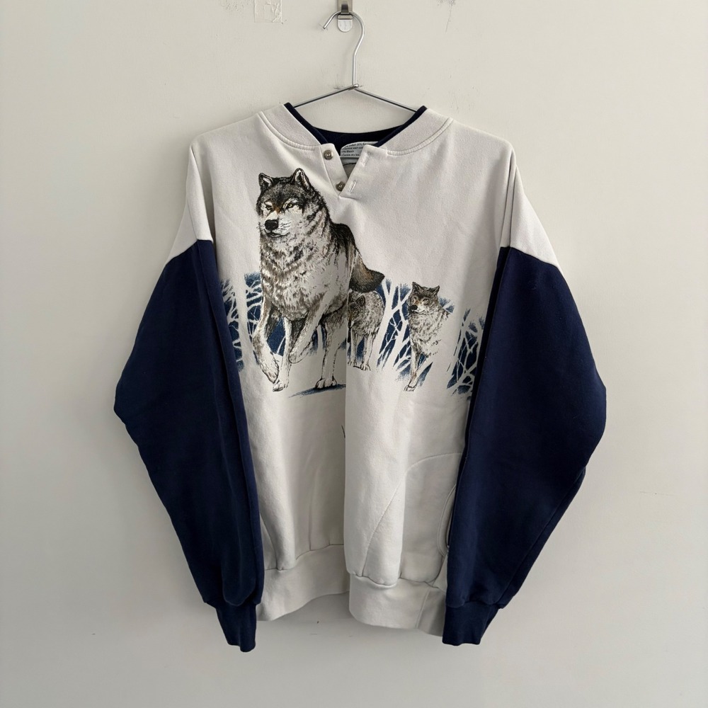 Artisans Sunschein Designs Vintage Wolf Sweatshirt Mens XL White Blue USA Made